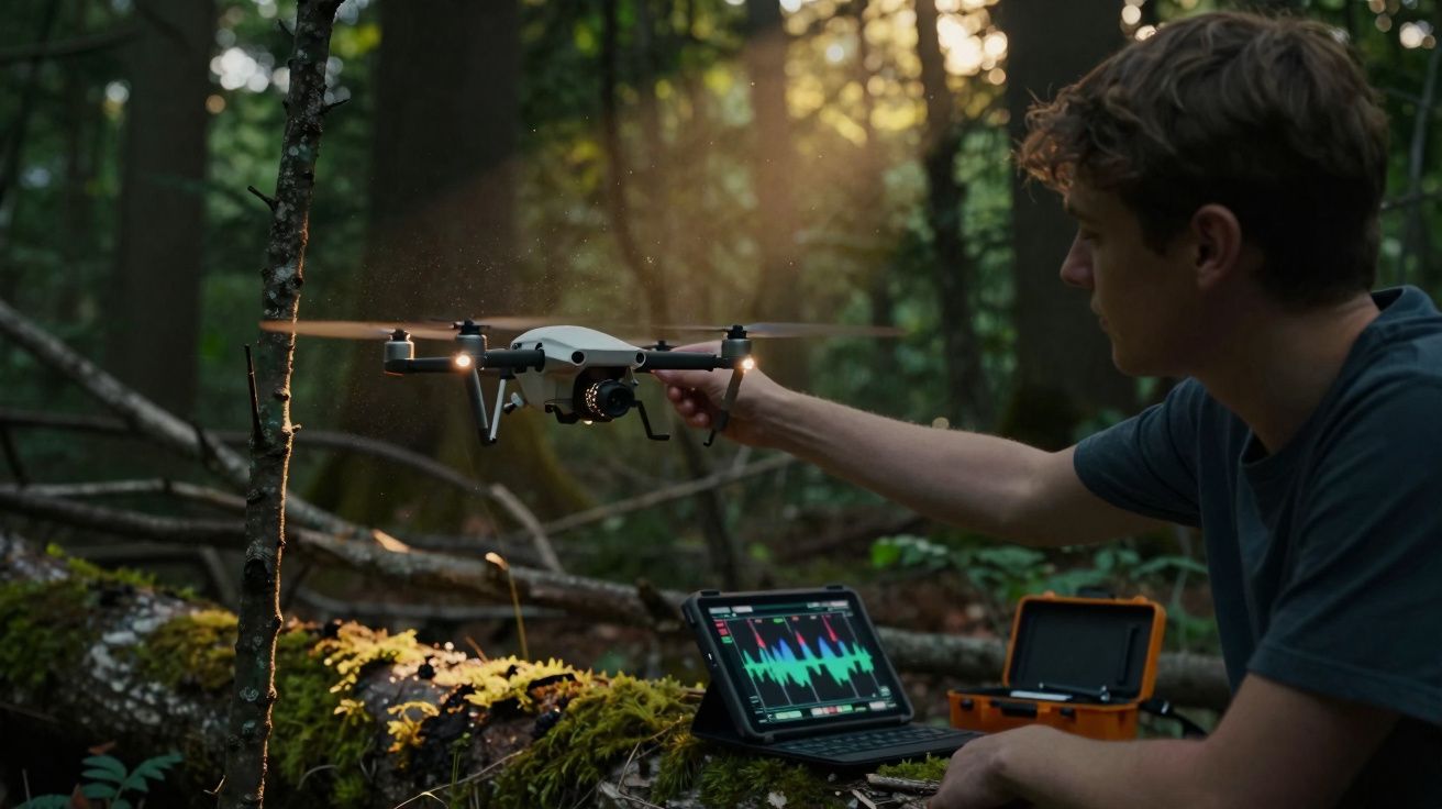 Jovem a controlar um drone num ambiente de floresta com tablet e caixa de equipamentos ao lado.