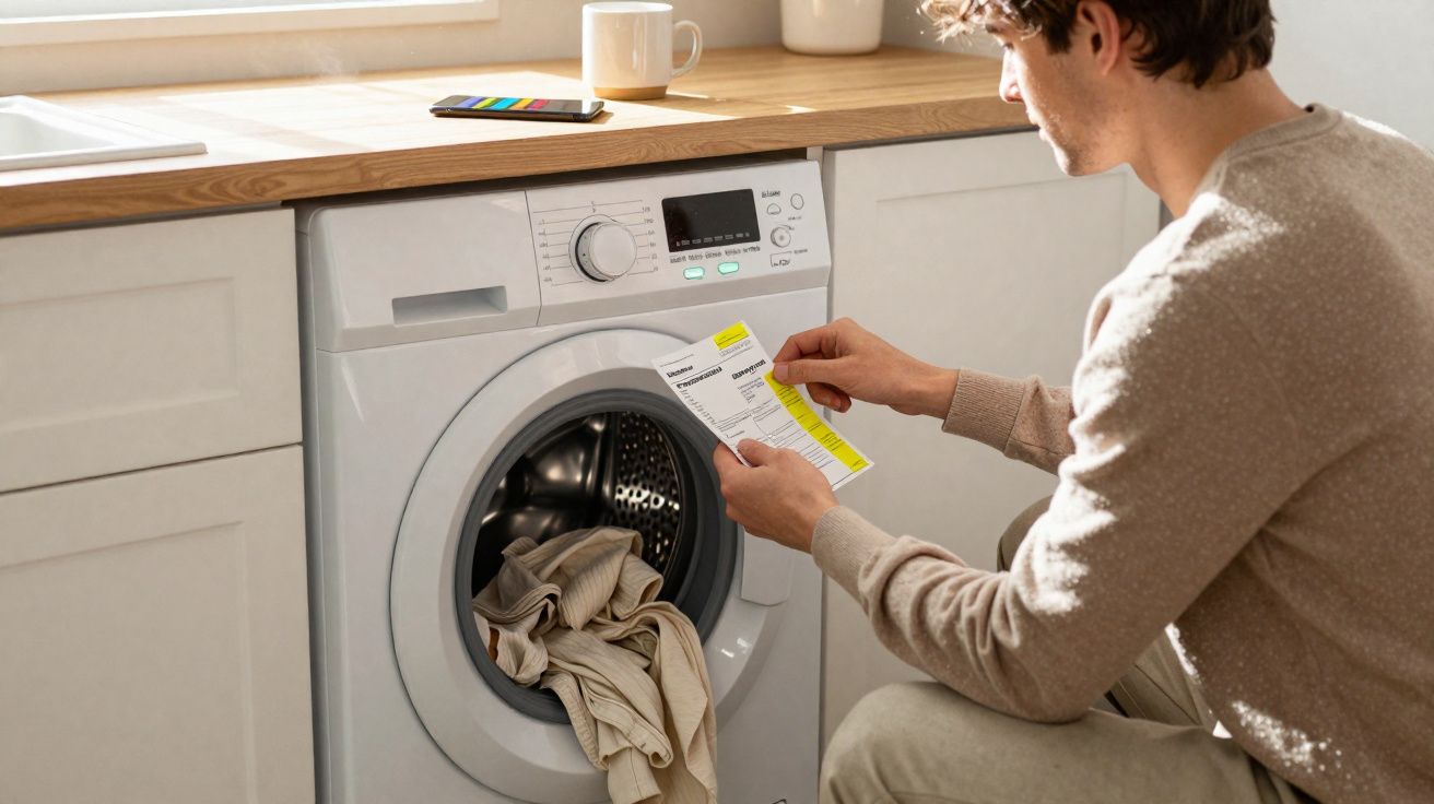 Homem consulta instruções enquanto prepara a máquina de lavar roupa numa cozinha moderna.