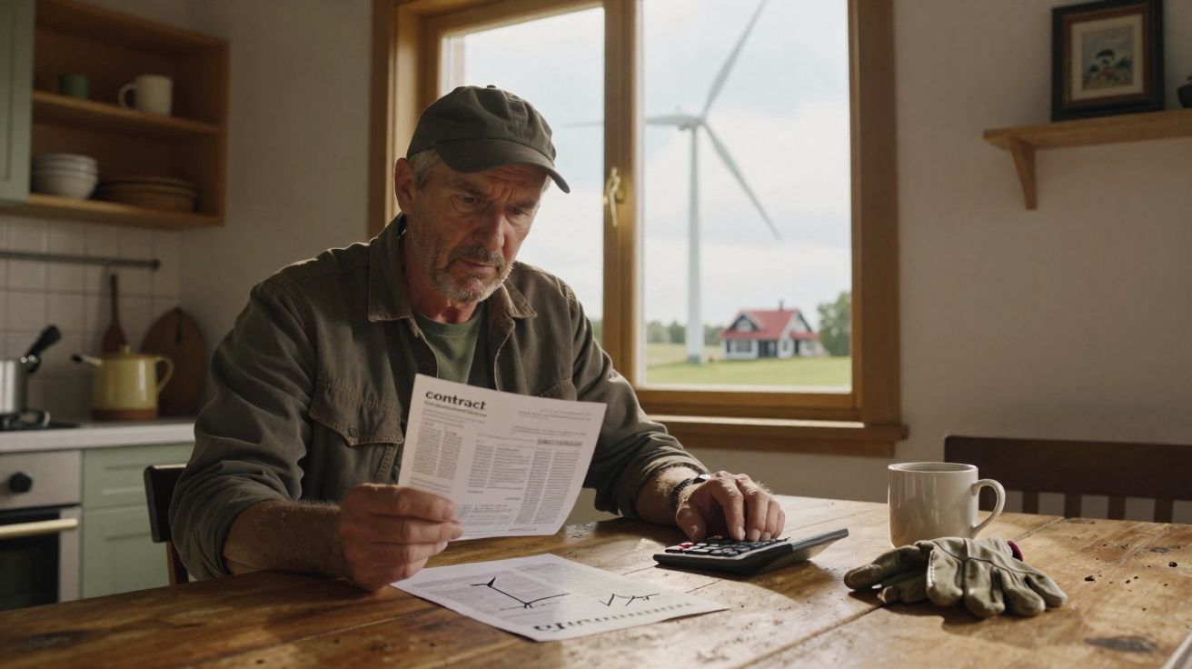 Homem sentado à mesa em casa, lê contrato e usa calculadora, com turbina eólica vista pela janela.