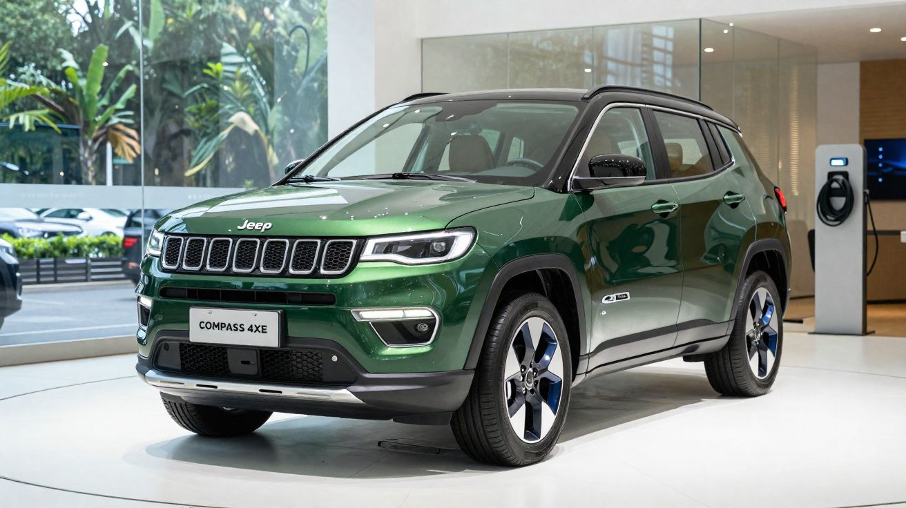 SUV Jeep Compass 4xe verde exposto em showroom moderno com paredes de vidro e área de carregamento elétrico.