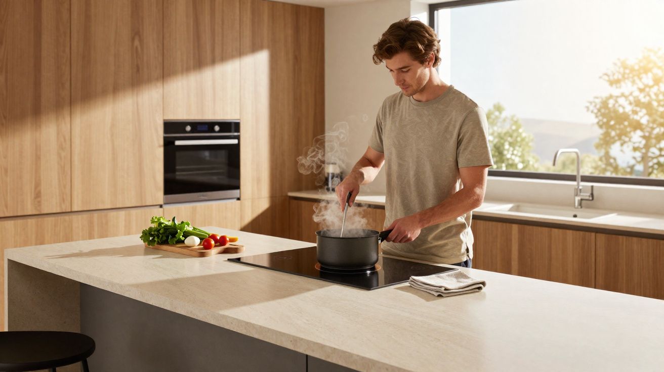 Homem a cozinhar numa cozinha moderna com bancada ampla e legumes frescos numa tábua.