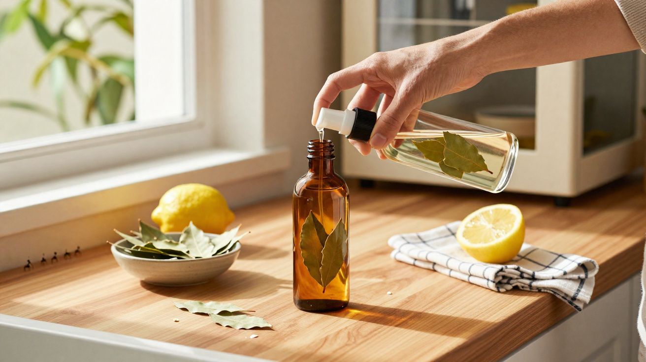 Mão a verter líquido de spray em frasco de vidro com folhas de louro, limão e folhas sobre bancada de cozinha.