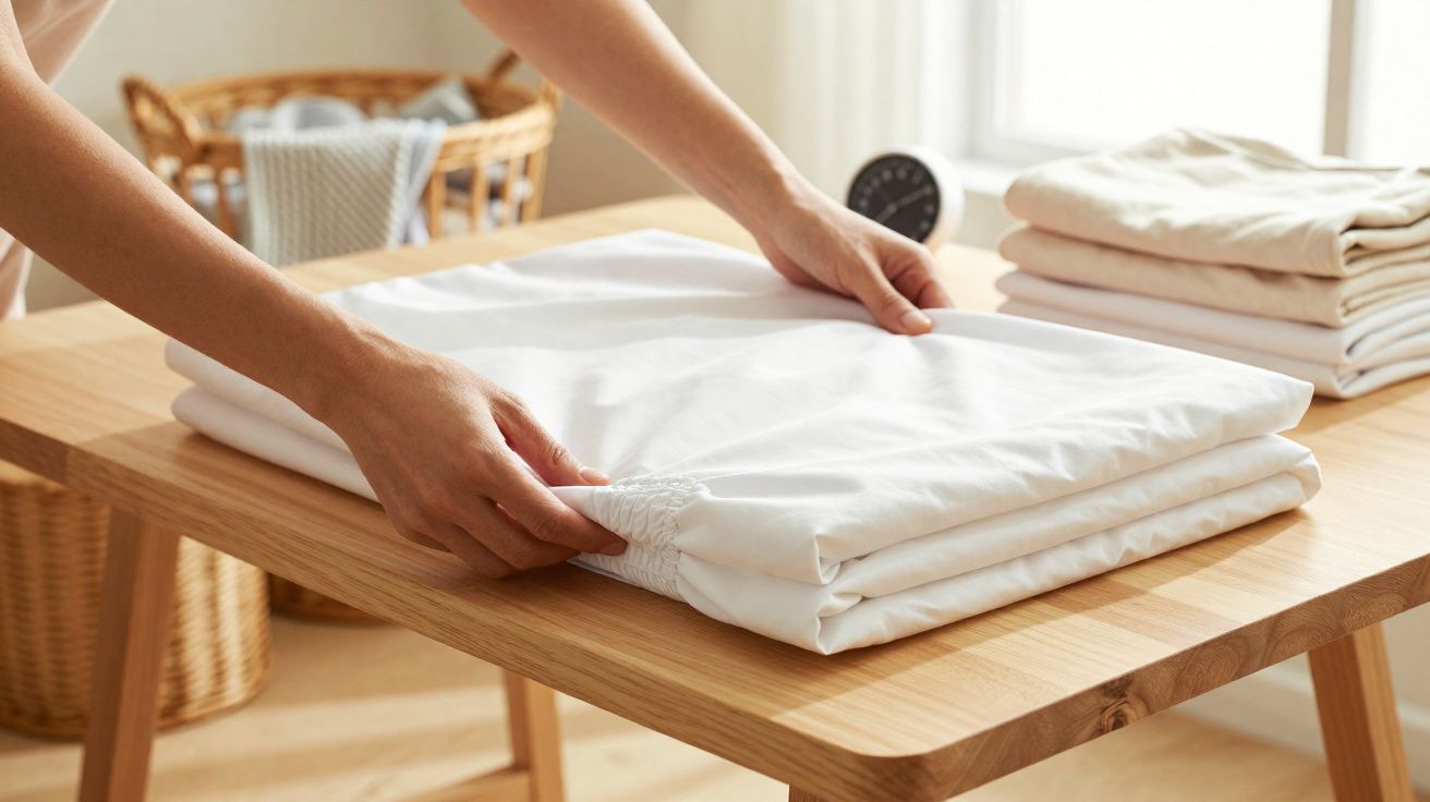 Mãos a dobrar lençóis brancos numa mesa de madeira numa divisão iluminada e arrumada.