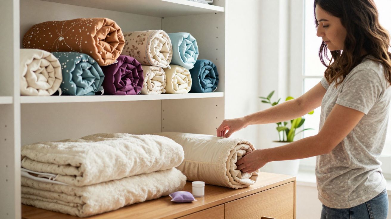 Mulher a enrolar um edredão perto de prateleira com edredões coloridos e outros guardados numa cómoda de madeira.