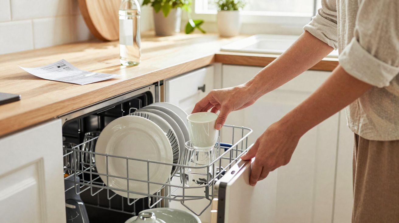 Pessoa a colocar uma chávena branca na máquina de lavar loiça numa cozinha moderna e iluminada.