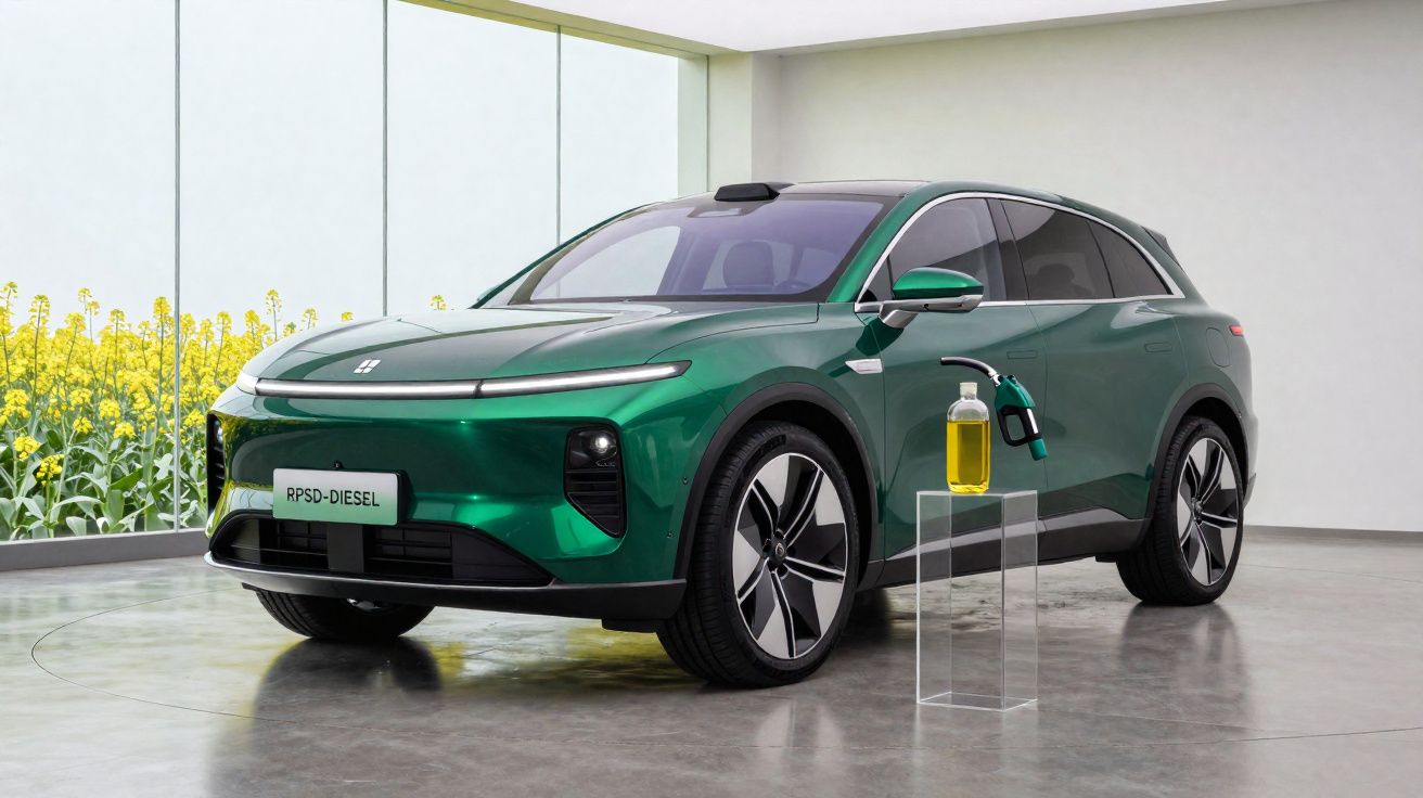 Carro SUV verde elétrico estacionado em sala moderna com óleo e bico de abastecimento ao lado.