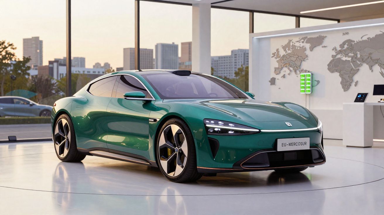 Carro elétrico desportivo verde exposição em sala com janelas panorâmicas e vista urbana ao fundo.