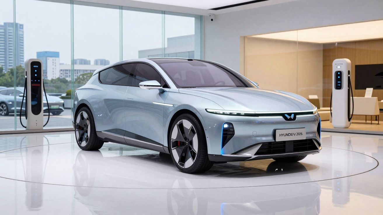 Carro elétrico moderno prateado a carregar numa estação dentro de um showroom com janelas grandes.