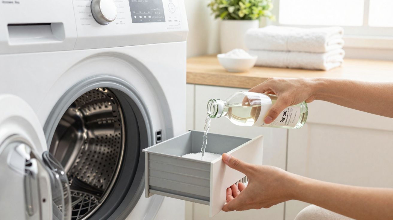 Pessoa a verter detergente líquido num compartimento de máquina de lavar roupa branca.