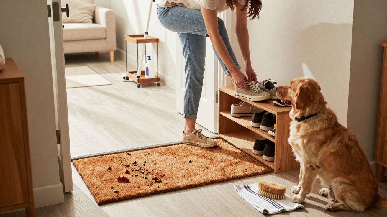 Mulher a calçar sapatos junto à entrada com cão dourado sentado ao lado, casa iluminada e arrumada.