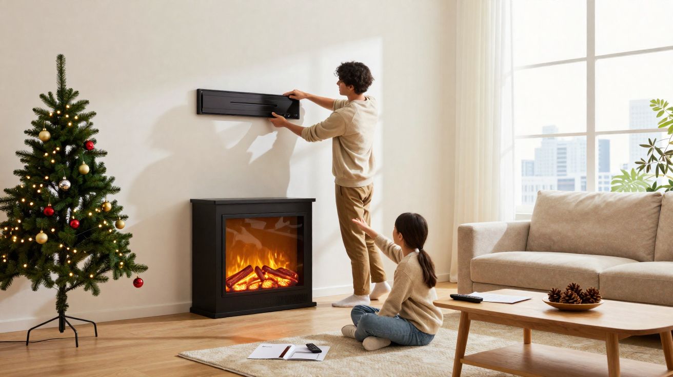 Homem instala aparelho de ar condicionado numa sala com árvore de Natal e mulher sentada no chão.