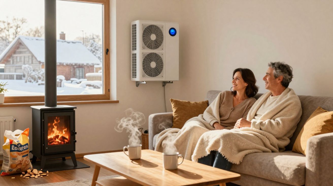 Casal sentado no sofá abraçado com mantas, fogo na lareira e ar condicionado ligado na parede de casa.