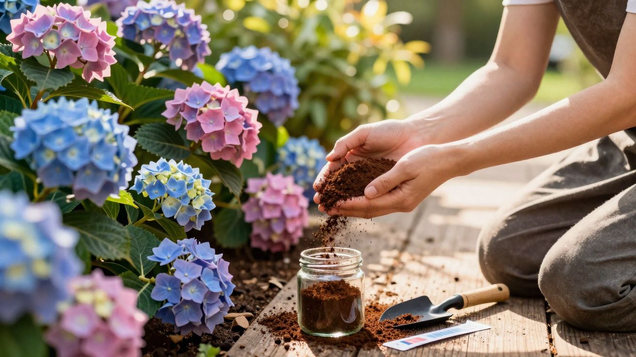 Pessoa a colocar terra num frasco ao lado de flores hortênsias em tons de azul e rosa no jardim.