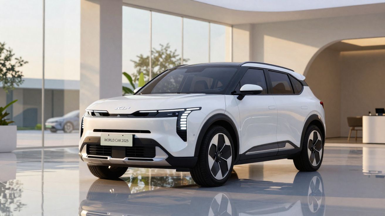 Carro elétrico branco moderno estacionado em interior com grandes janelas e decoração minimalista.