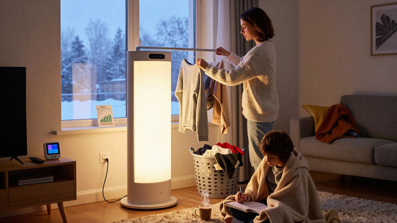 Mulher estende roupa numa lâmpada aquecedora enquanto criança estuda no chão, em sala acolhedora.