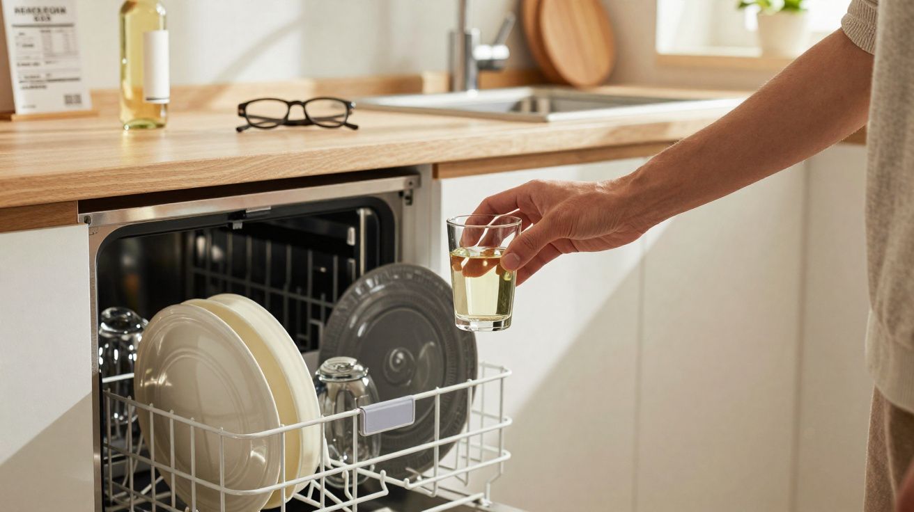 Mão a retirar copo de vidro do lava-loiça aberto com pratos e copos numa cozinha iluminada.