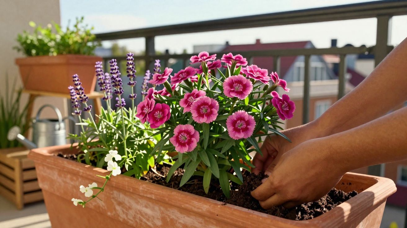 Mãos a cuidar de flores cor-de-rosa e plantas num vaso de barro numa varanda com vista para edifícios.
