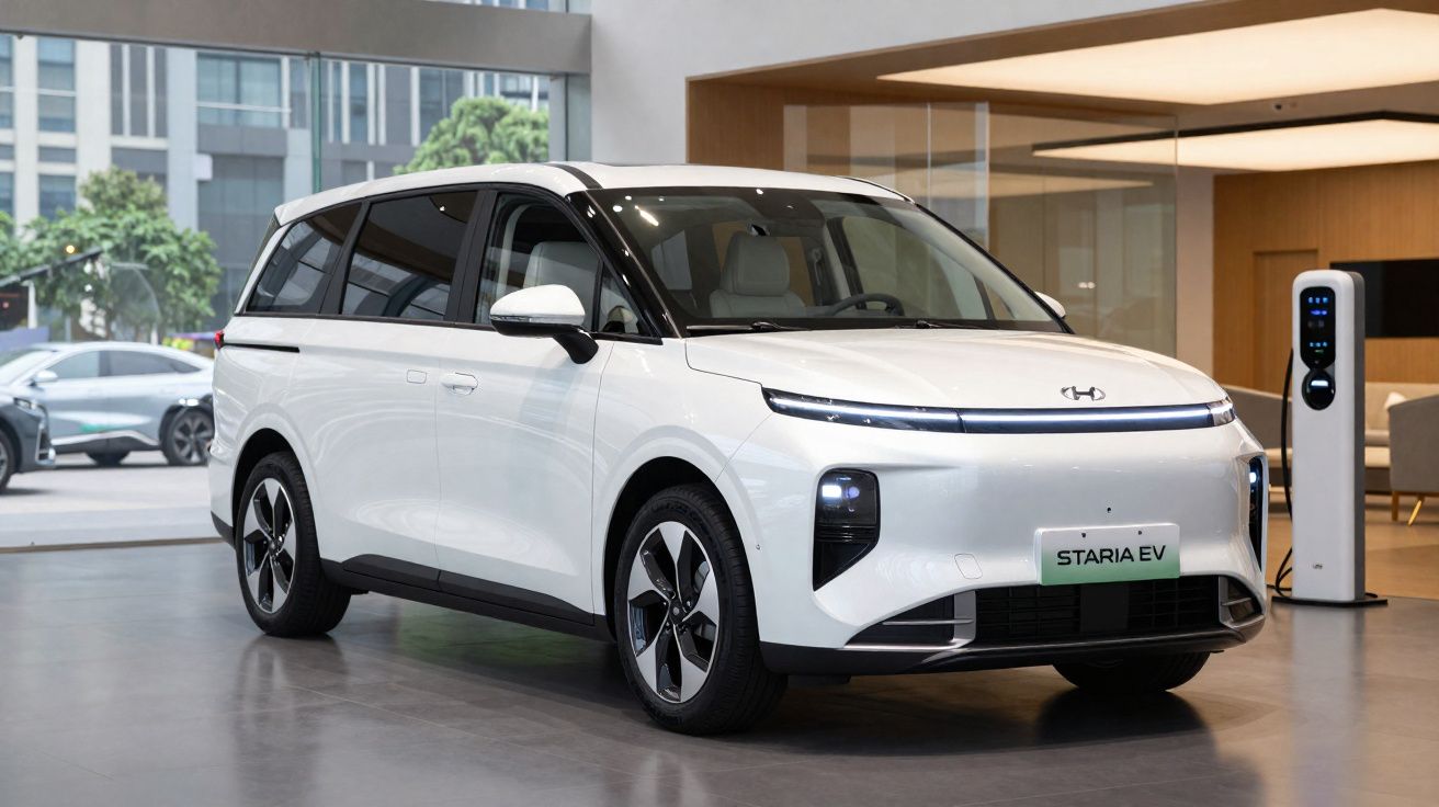 Veículo elétrico branco estacionado numa área coberta com posto de carregamento próximo.