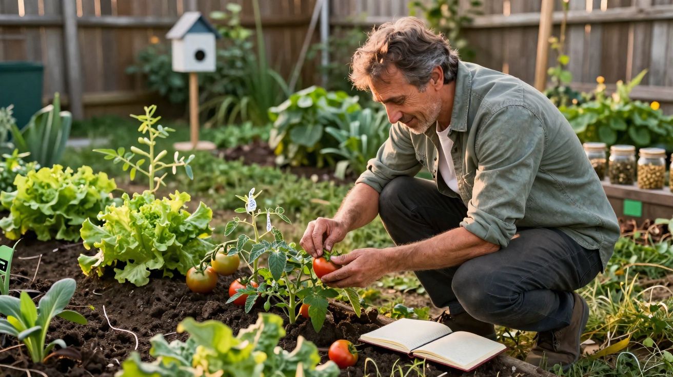 Homem colhendo tomates num jardim enquanto consulta um caderno aberto, rodeado de plantas verdes.