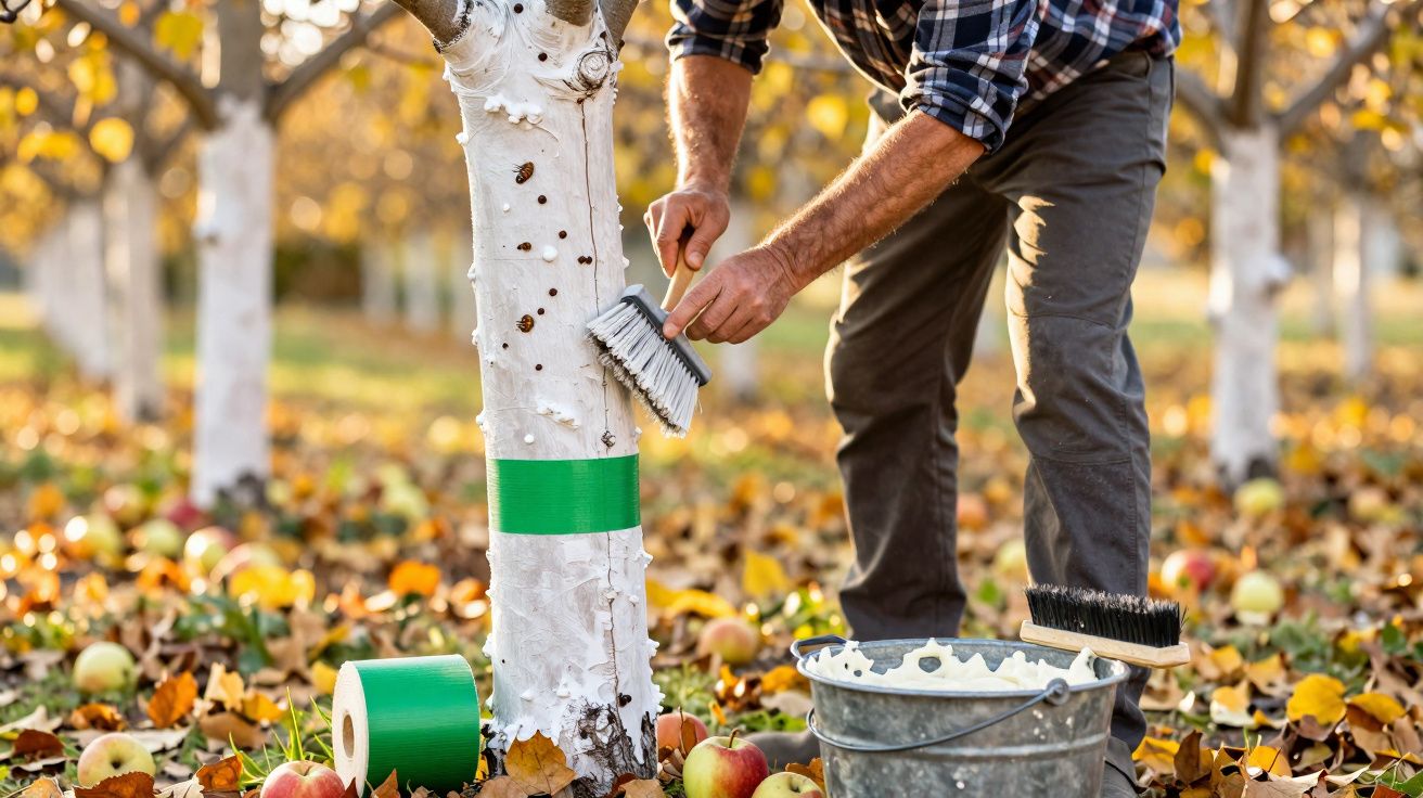 Pessoa a pintar o tronco de uma árvore com uma escova num pomar com maçãs no chão.