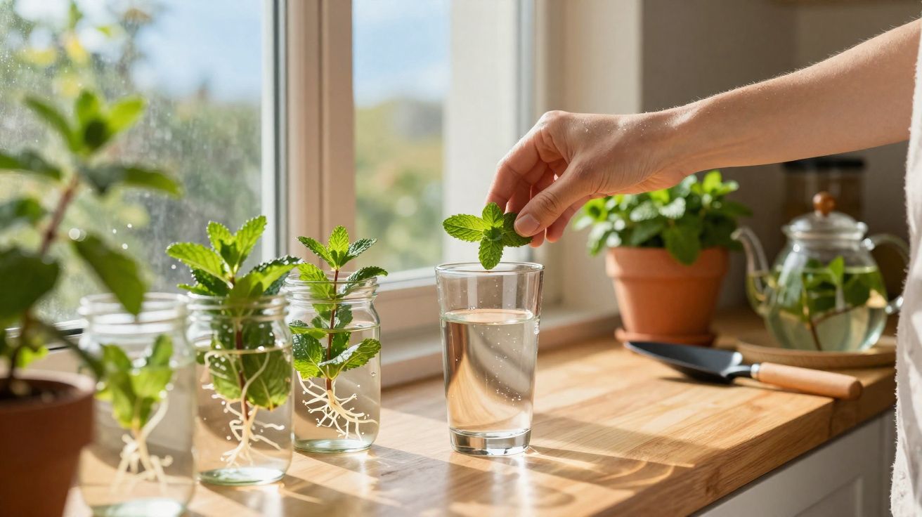 Mão a colocar folha de hortelã num copo com água, plantas em jarros e vaso na bancada junto à janela.