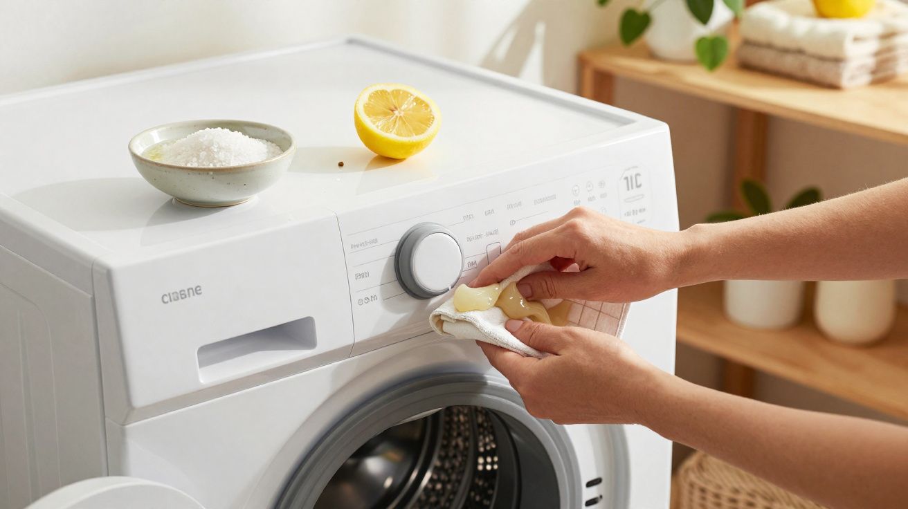 Pessoa a aplicar limão numa máquina de lavar para limpar o botão central.