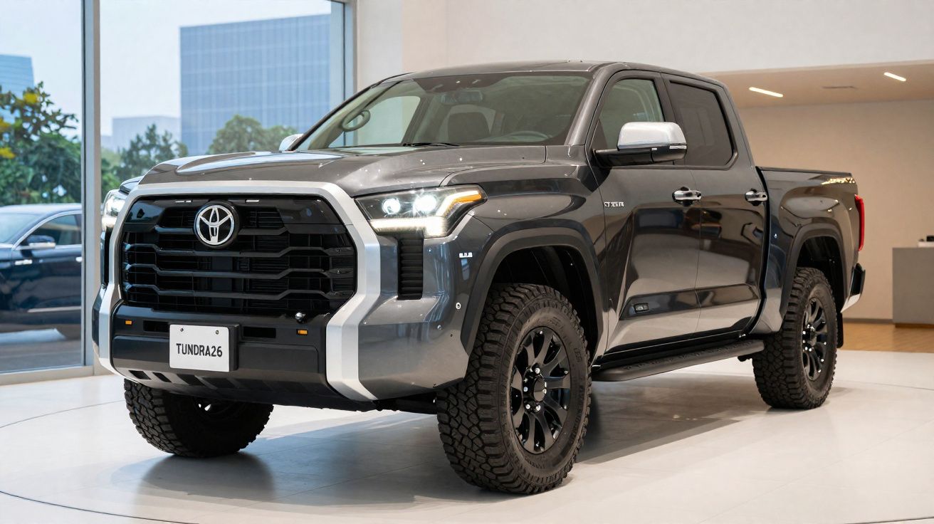 Picape Toyota Tundra cinza escura estacionada em espaço interior com rodas robustas e faróis acesos.