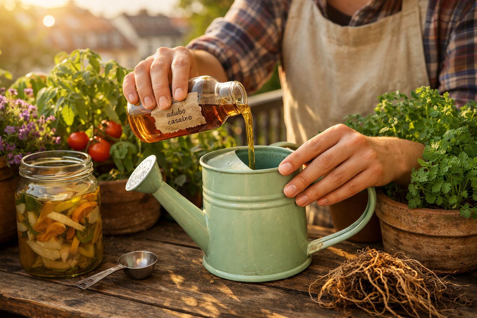 Pessoa a verter adubo caseiro num regador junto a várias plantas numa mesa de madeira.