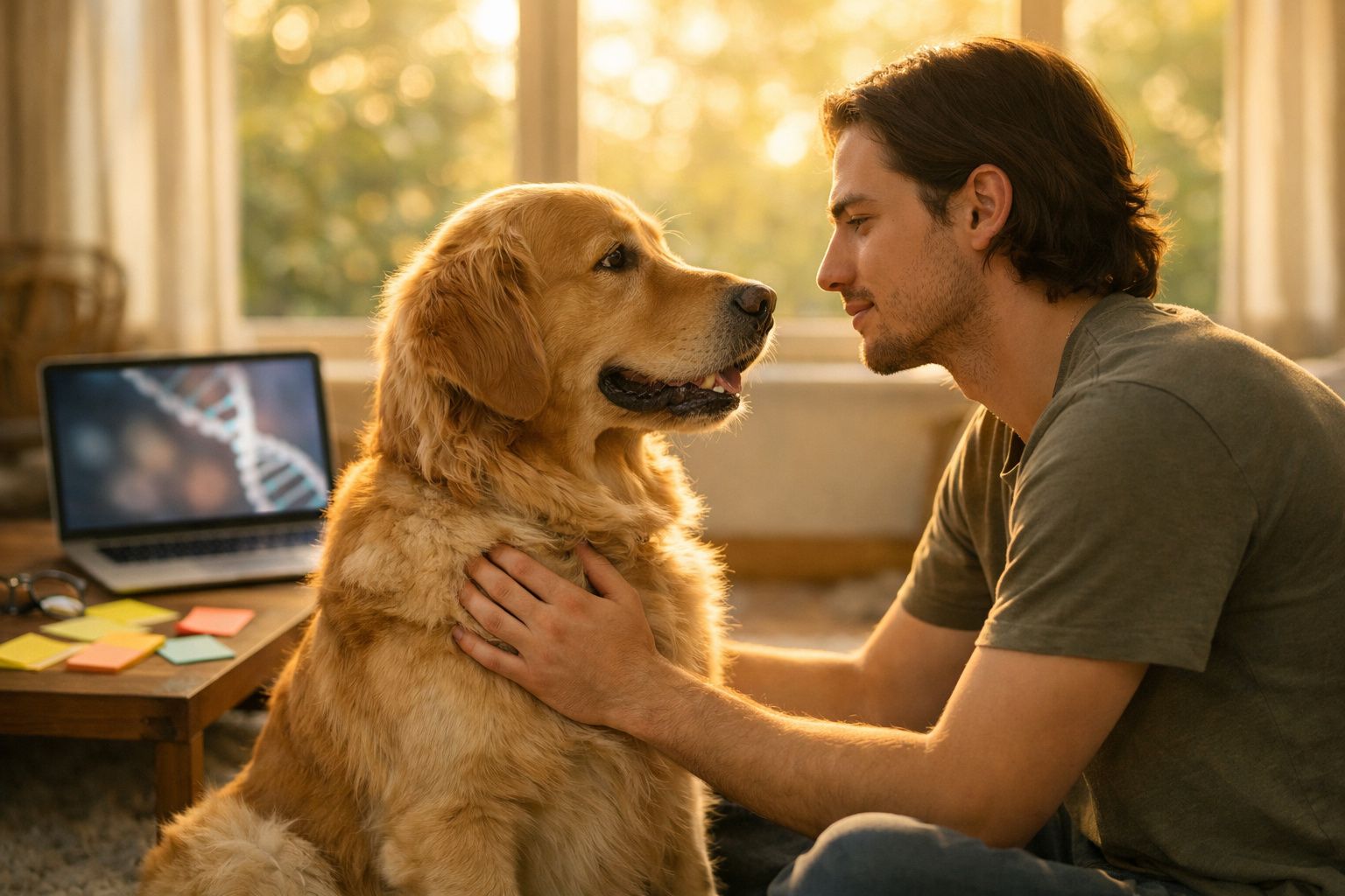 Homem sentado em casa a olhar e afagar um cão golden retriever, com computador e notas ao fundo.