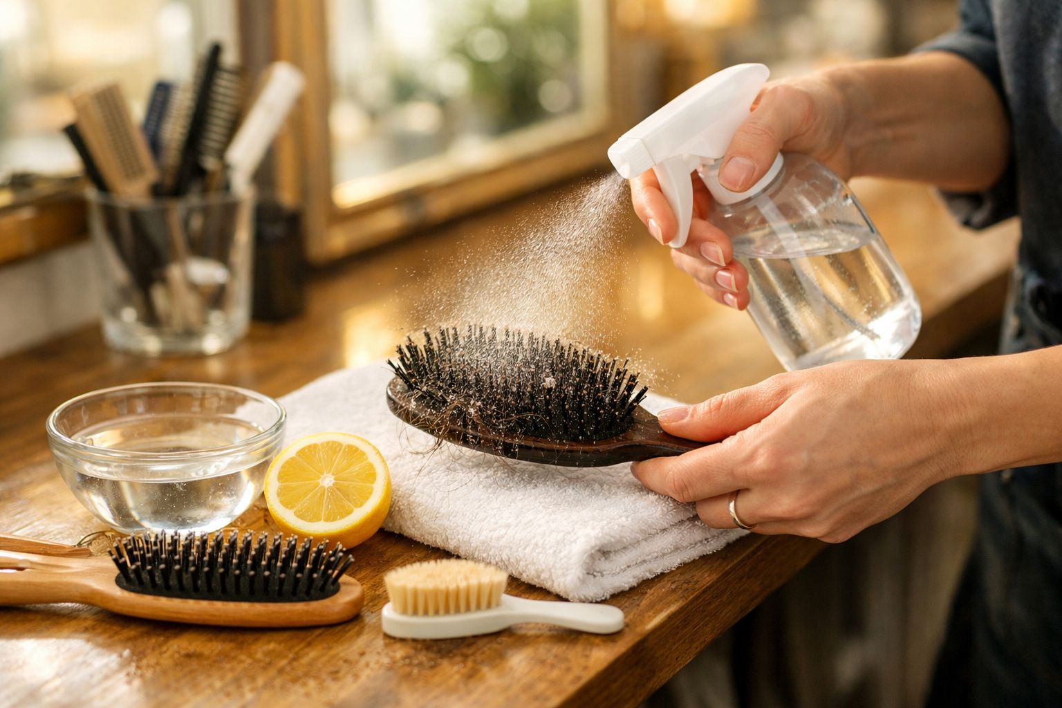 Pessoa a pulverizar água numa escova de cabelo sobre toalha branca num ambiente doméstico.