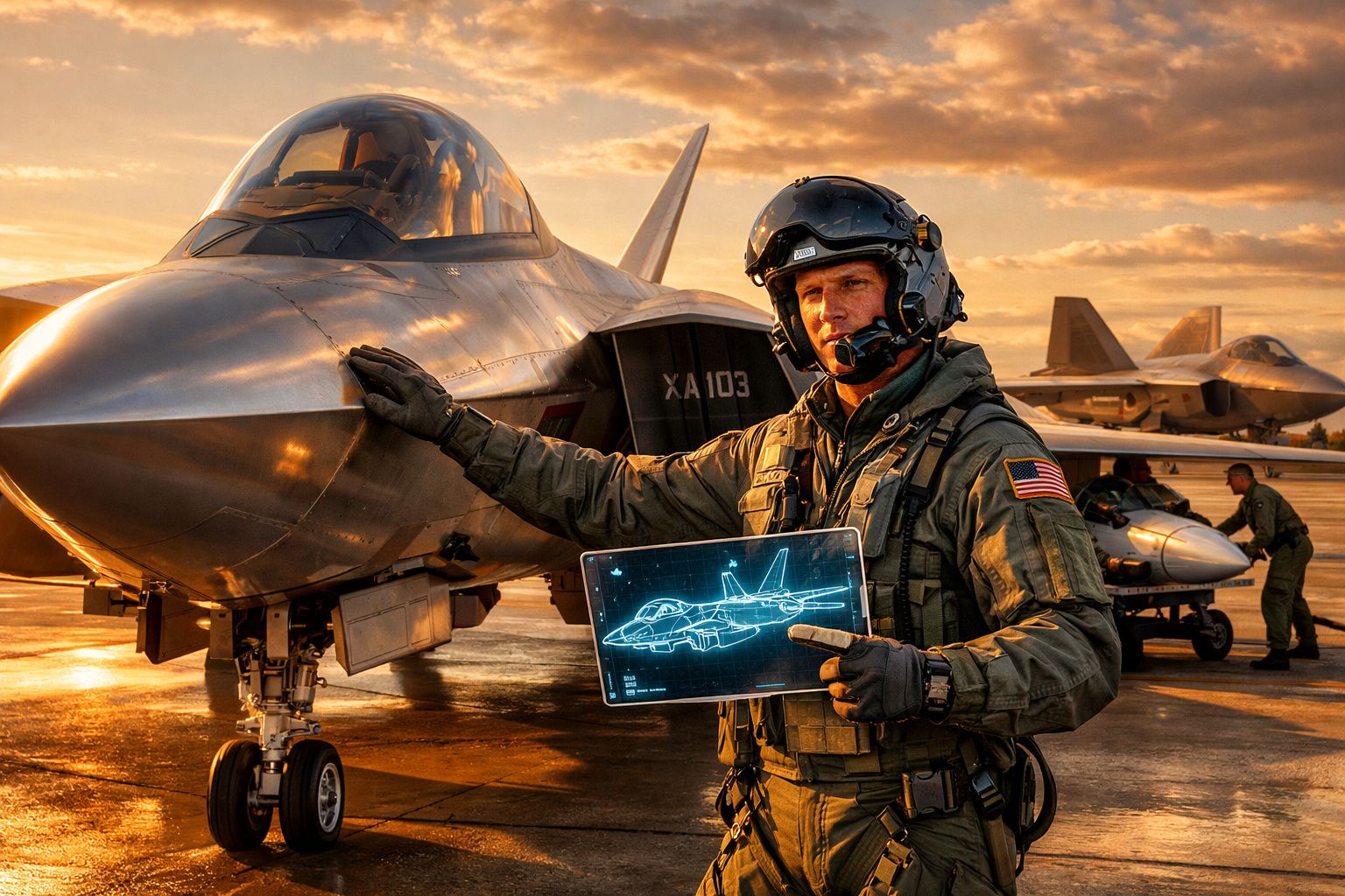 Piloto militar com fato de voo e capacete encosta-se a caça furtivo num aeroporto ao pôr do sol.