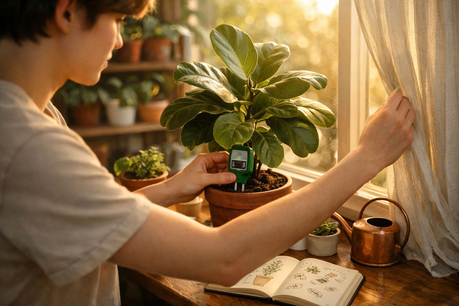 Pessoa medindo a humidade da terra de uma planta em vaso junto a uma janela com luz natural.