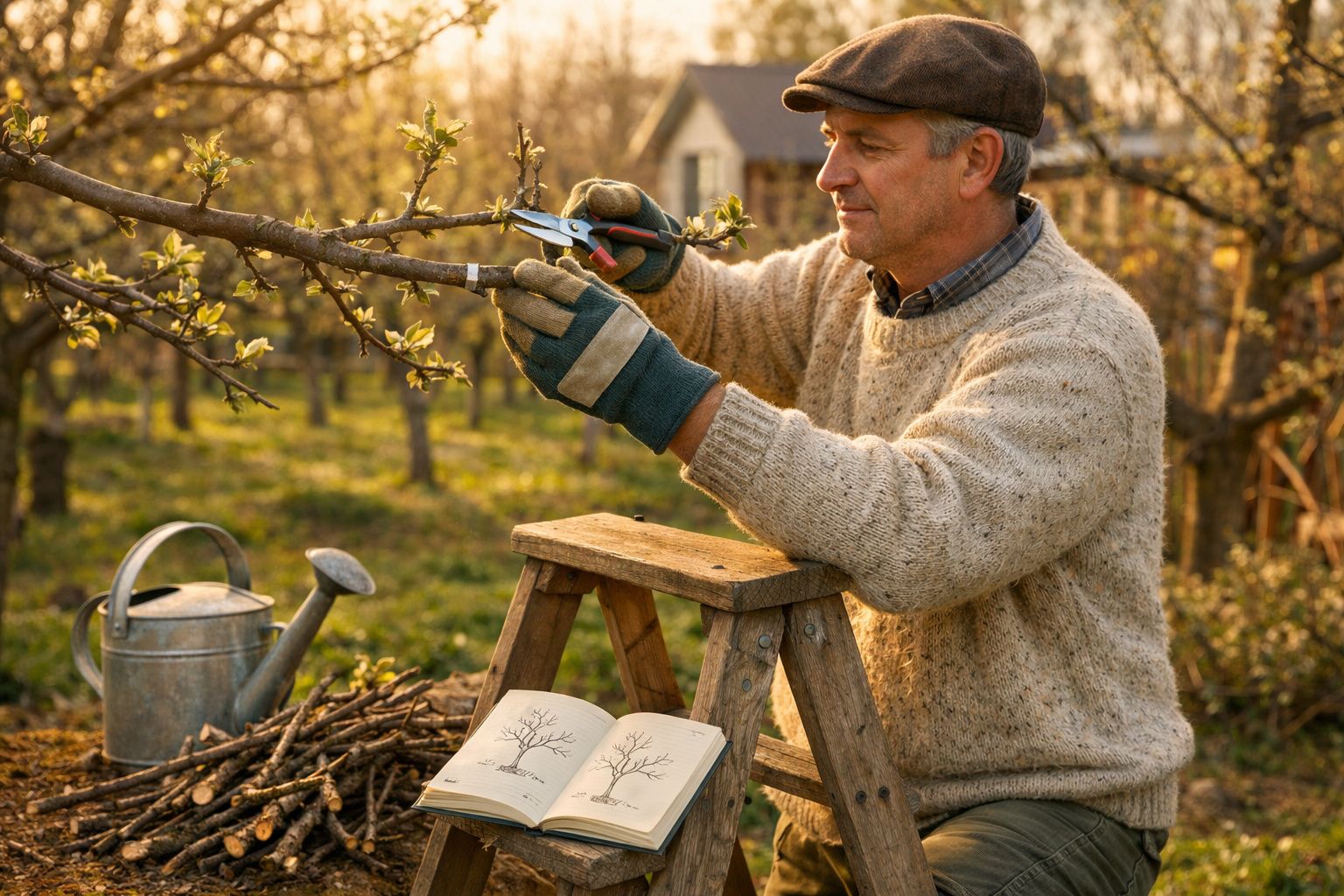 Homem a podar ramos de árvore numa vinha com tesoura de poda, luvas e livro aberto num banco de madeira.