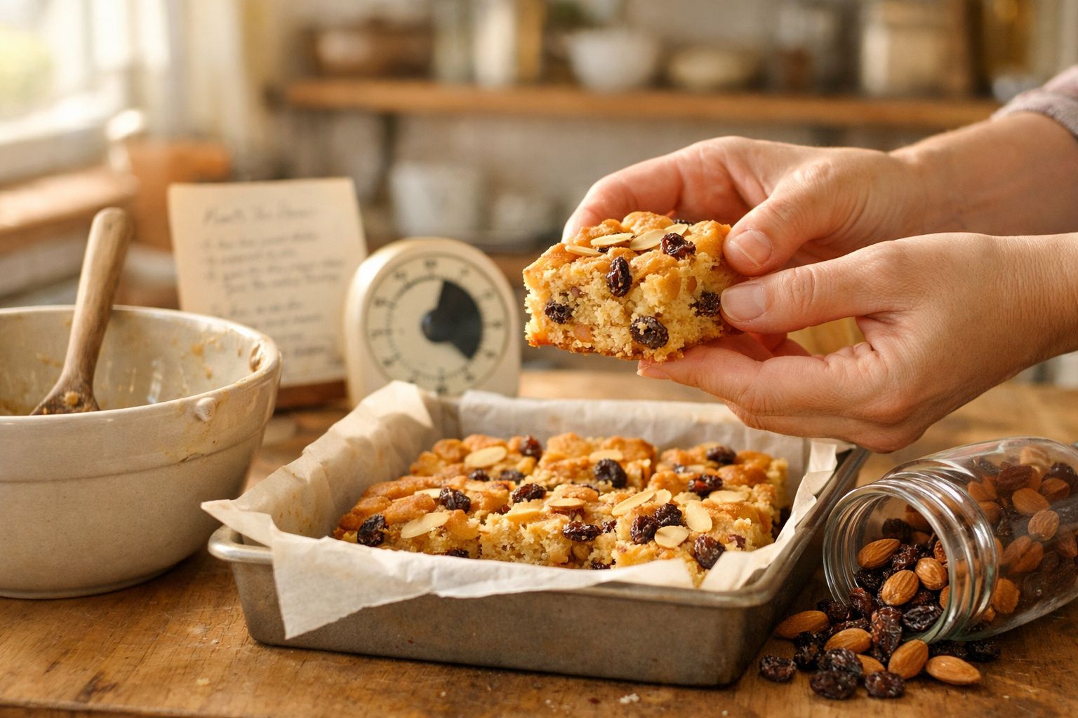 Pessoas a segurarem quadrado de bolo com amêndoas e passas em tabuleiro na cozinha rústica.