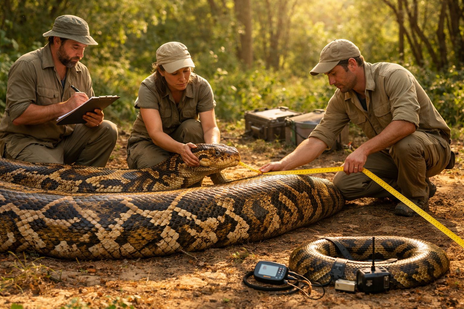 Três investigadores medem uma cobra gigante no meio da floresta durante o dia.