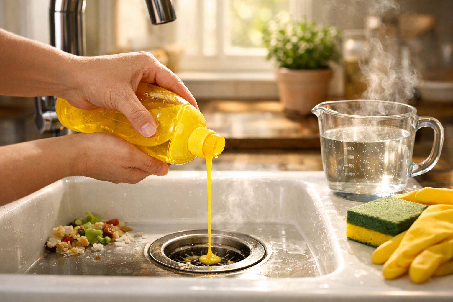 Mãos a despejar detergente no ralo da cozinha com restos de comida no lava-loiças e utensílios de limpeza ao lado.
