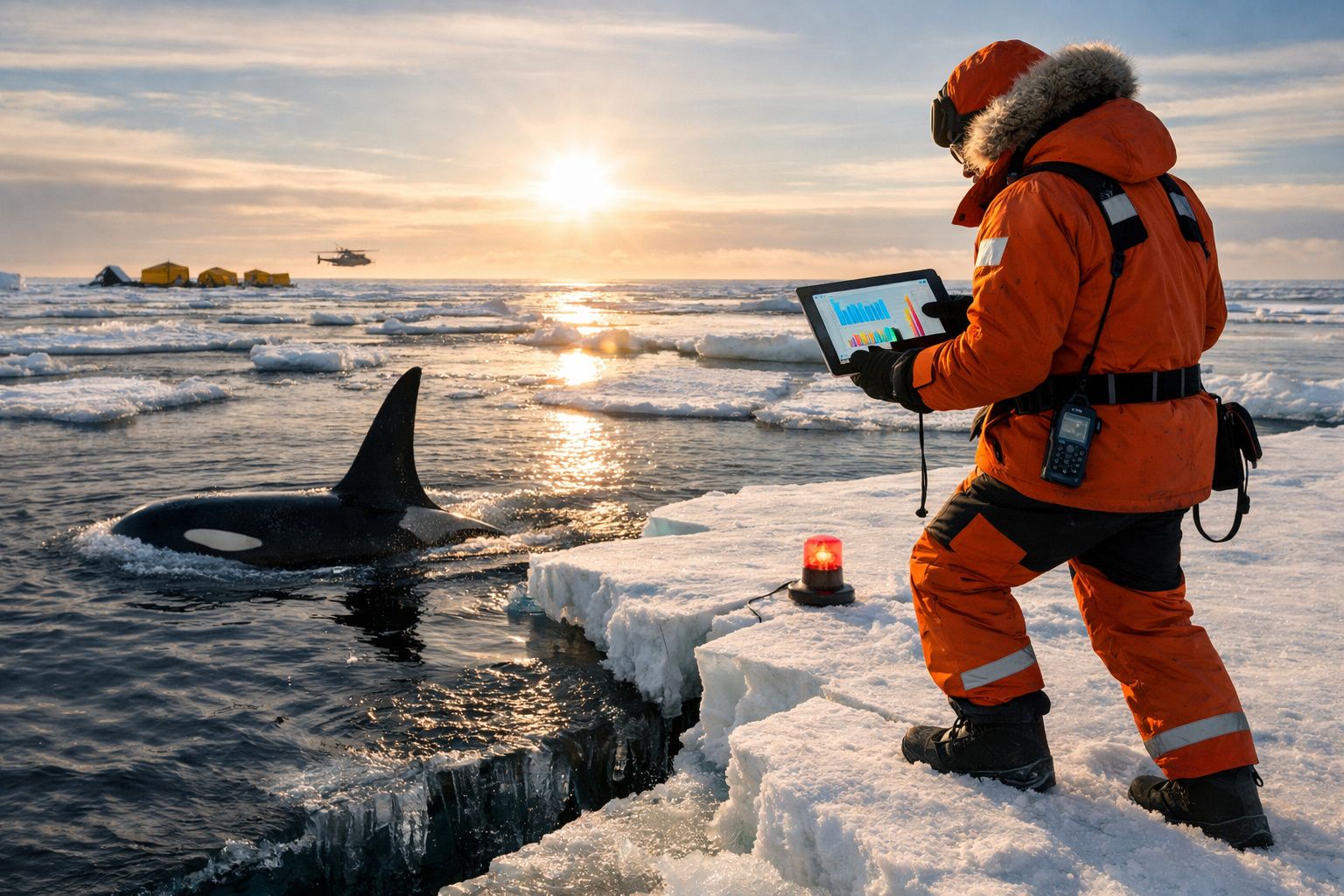 Cientista em roupa laranja observa uma orca perto de gelo flutuante no Ártico ao pôr do sol com helicóptero ao fundo.