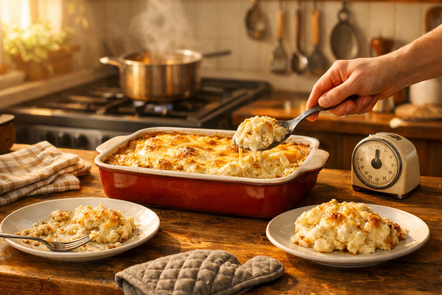 Mãos a servir gratinado cremoso numa travessa vermelha com porções em dois pratos brancos sobre mesa de madeira.