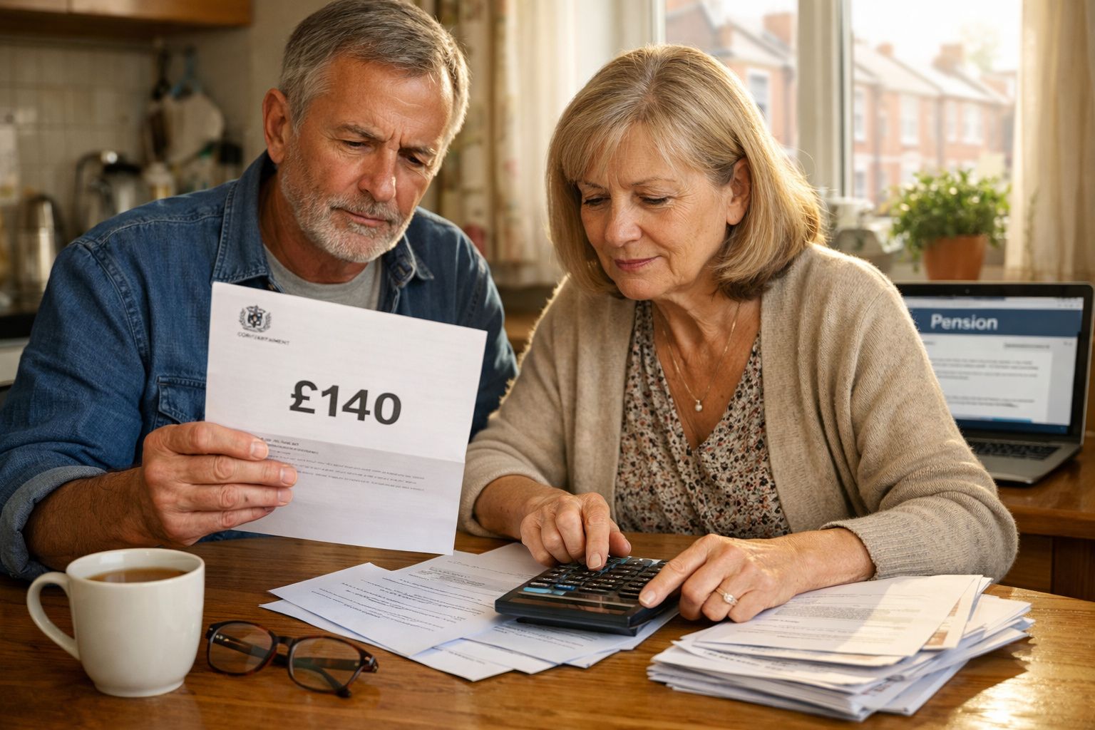 Casal sénior a calcular despesas em casa com documentos, calculadora e computador portátil.