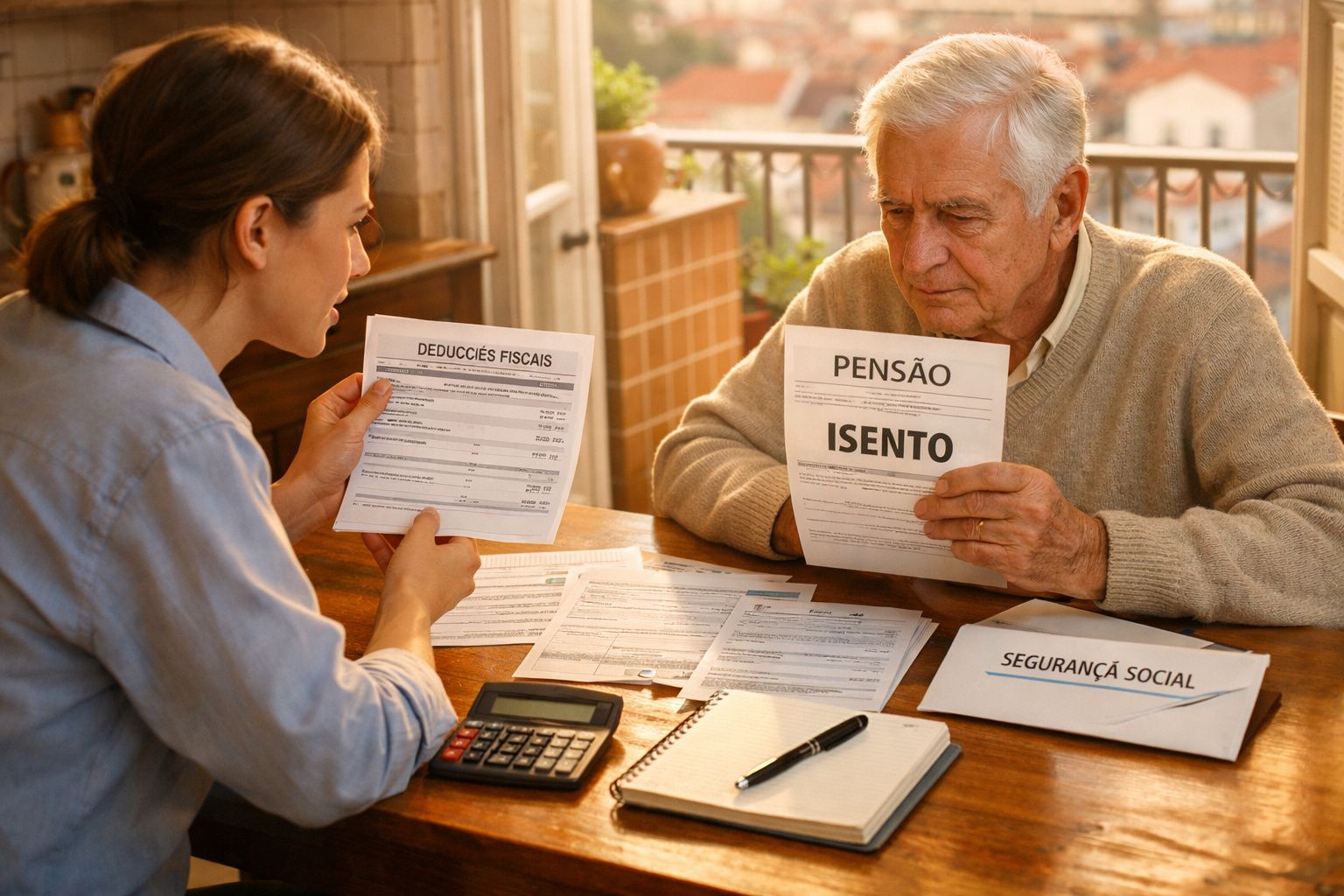 Idoso e mulher a analisar documentos financeiros relacionados com pensão e segurança social numa mesa em casa.