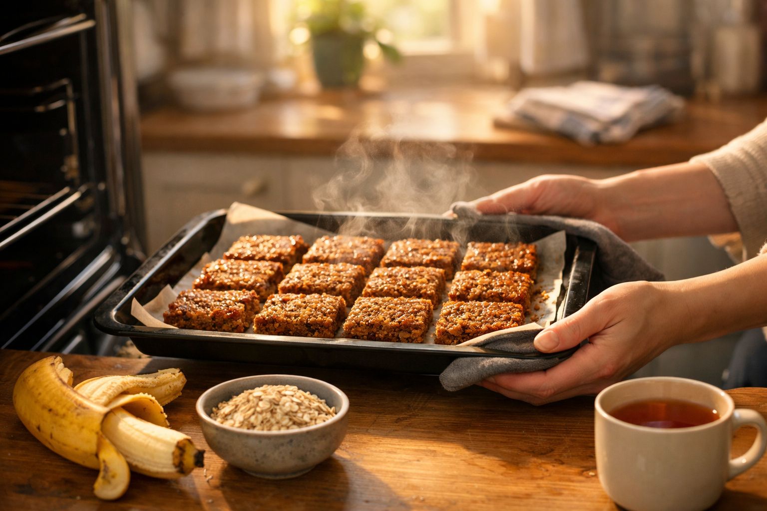 Tabuleiro com barrinhas de aveia acabadas de sair do forno, com banana, tigela de aveia e chá na mesa.