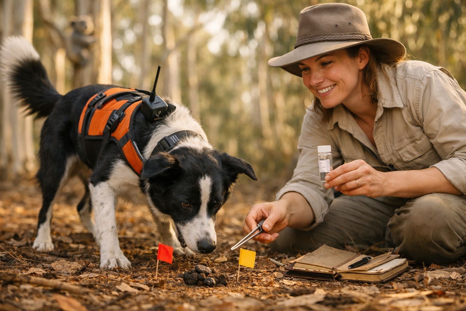 Mulher com chapéu e cão farejador a analisar pegadas no chão na floresta.
