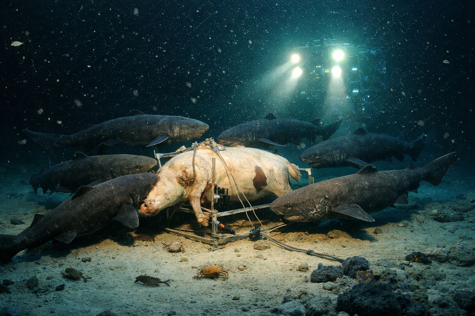 Exploração científica subaquática com tubarões a circundar um porco morto numa estrutura no fundo do mar.
