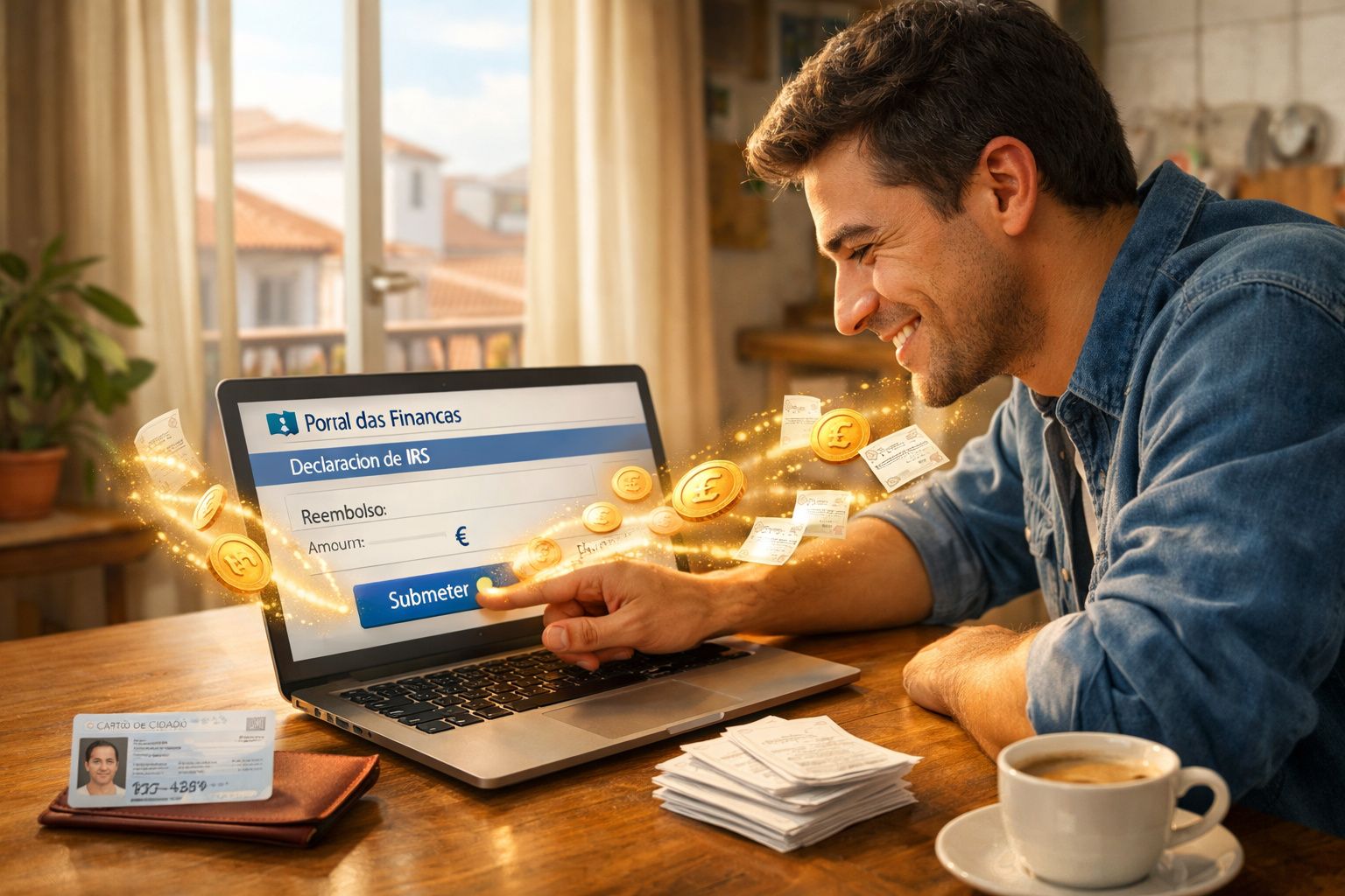 Homem sorridente a submeter declaração de IRS online com moedas douradas a aparecer no ecrã do computador.