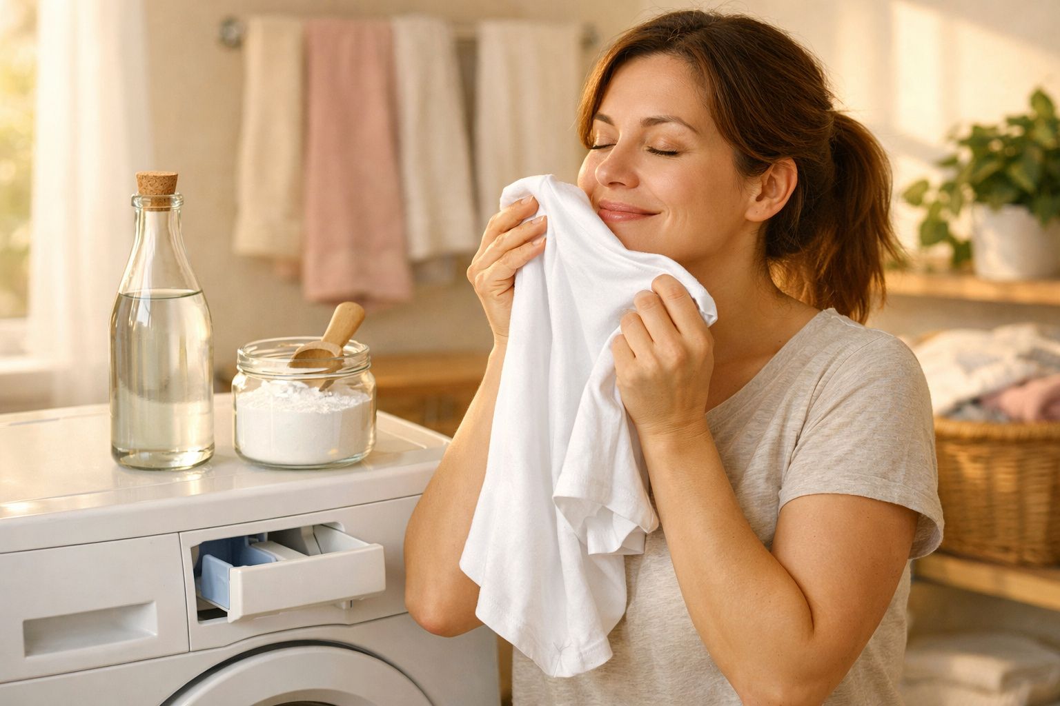 Mulher feliz cheirando roupa limpa junto a máquina de lavar e produtos de limpeza naturais numa lavandaria.