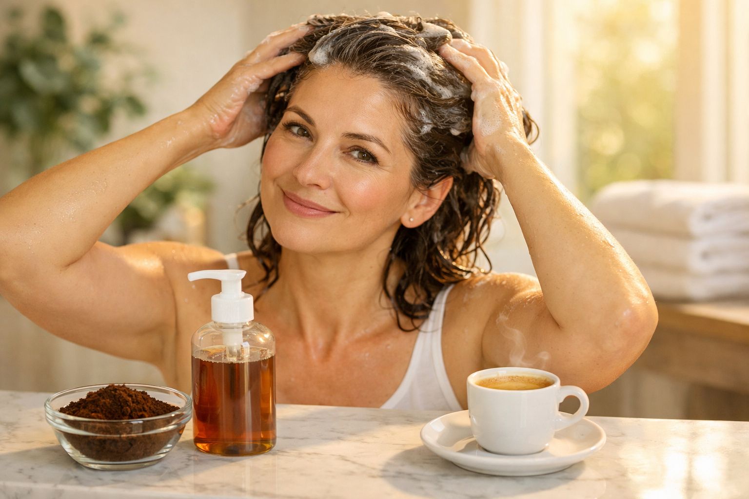 Mulher a lavar o cabelo com shampoo, ao lado de café quente e café moído numa tigela de vidro.