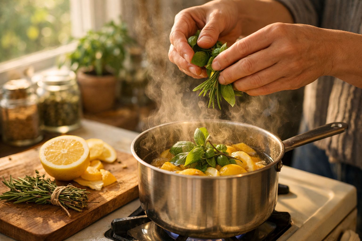 Mãos a adicionar ervas frescas a uma panela com limões a cozinhar no fogão à gás.