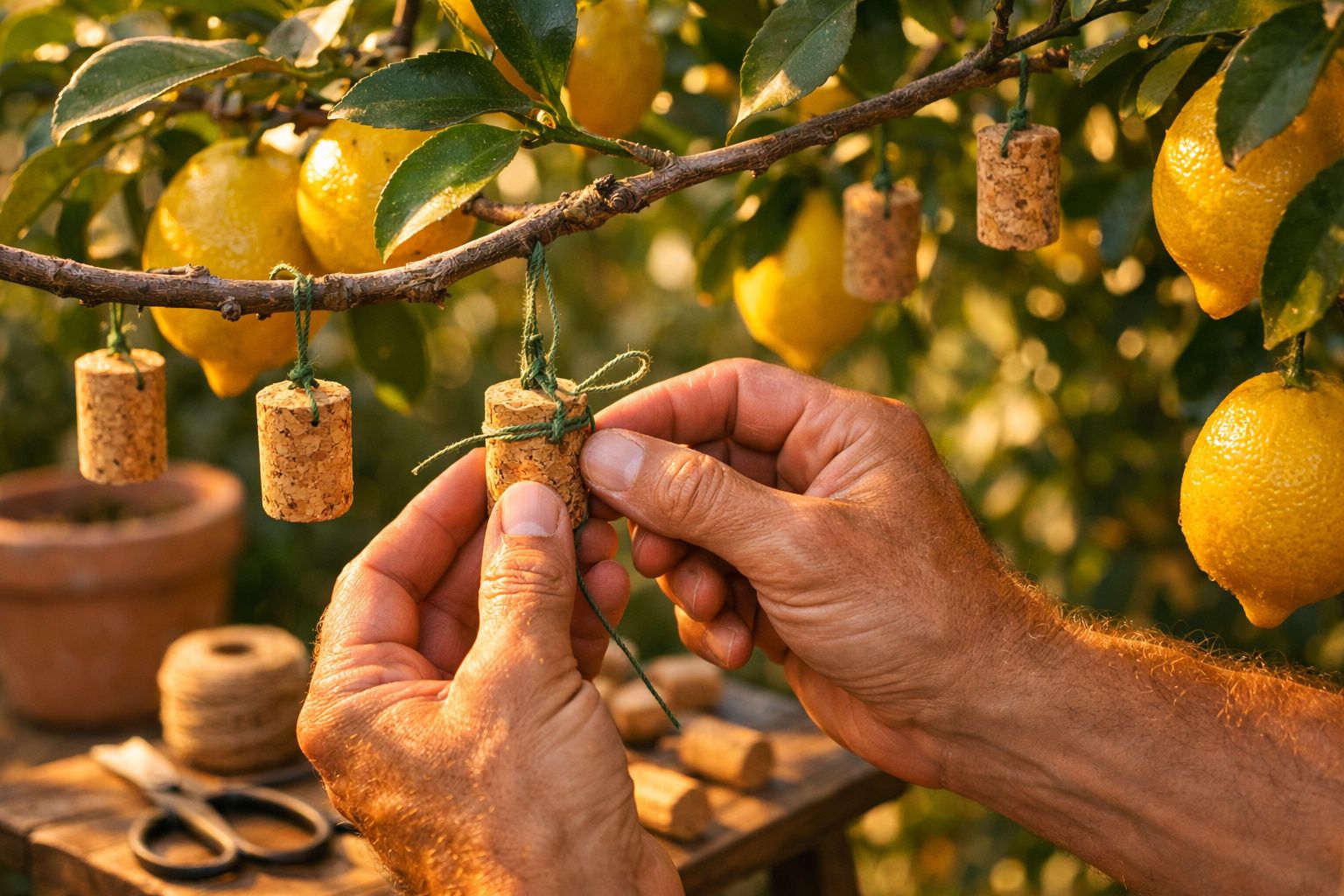 Mãos de um homem a pendurar rolhas em cordas numa árvore de limões ao pôr do sol.