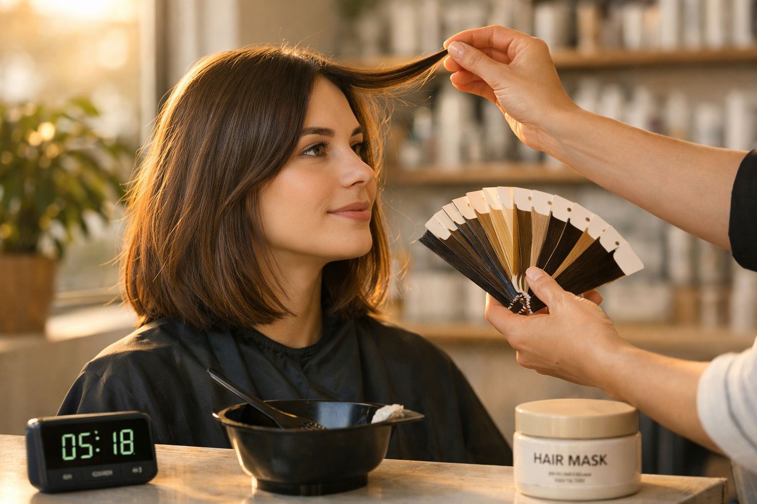 Mulher no salão de cabeleireiro a escolher cor de cabelo com profissional a segurá-la.