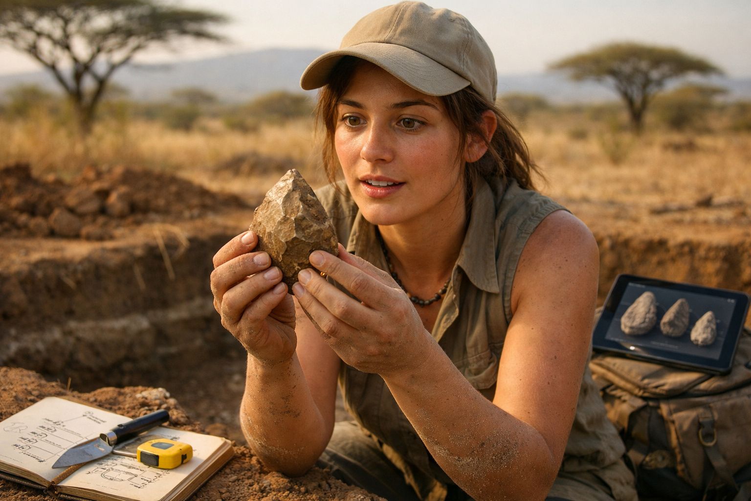 Mulher arqueóloga examina ferramenta de pedra durante escavação arqueológica ao ar livre.
